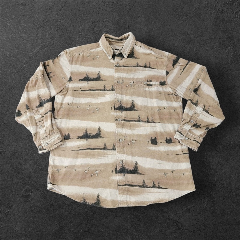 Woolrich‎ Khaki Tree Scene And Geese Button Down Shirt Mens Medium LS Chamios